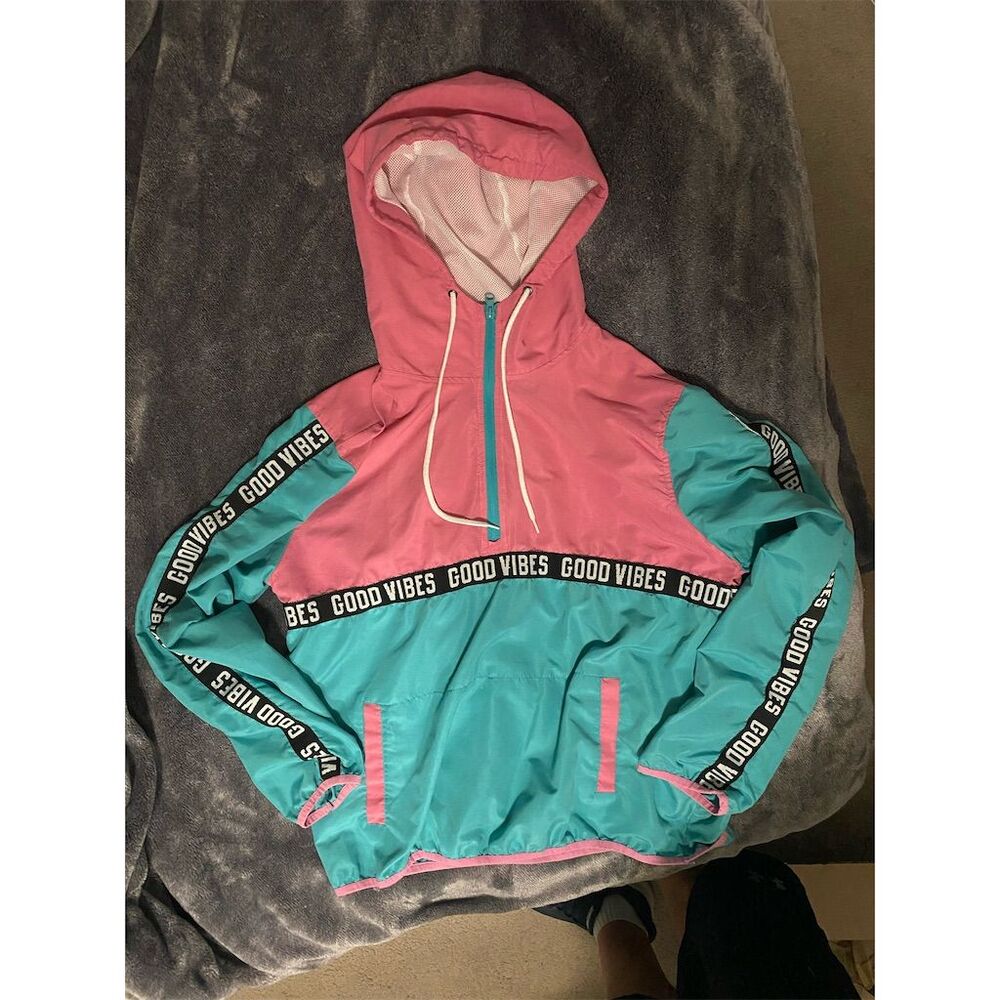 Rue 21 Women's M Pink 90s style Windbreaker Jacket "Good Vibes" Design